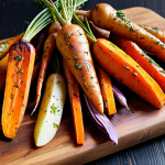 A vibrant close-up photo of roasted root vegetables (carrots, sweet potatoes) seasoned with herbs and spices, drizzled with olive oil, arranged artfully on a dark wooden cutting board. Focus on the textures and colors of the caramelized vegetables.