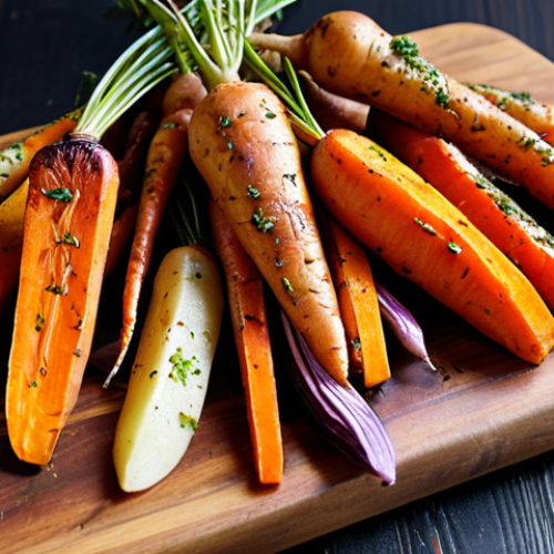 Home 11 A vibrant close-up photo of roasted root vegetables (carrots, sweet potatoes) seasoned with herbs and spices, drizzled with olive oil, arranged artfully on a dark wooden cutting board. Focus on the textures and colors of the caramelized vegetables.