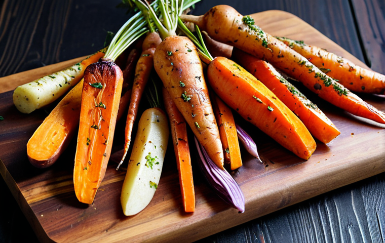 A vibrant close-up photo of roasted root vegetables (carrots, sweet potatoes) seasoned with herbs and spices, drizzled with olive oil, arranged artfully on a dark wooden cutting board. Focus on the textures and colors of the caramelized vegetables.