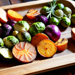 **

A vibrant close-up shot of oven-roasted vegetables including sweet potatoes, red onion, and Brussels sprouts, arranged artfully on a rustic wooden board. The vegetables are slightly browned and glistening with olive oil, sprinkled with fresh herbs like thyme and rosemary. The focus is on the textures and colors of the vegetables, creating a warm and inviting culinary scene.

**