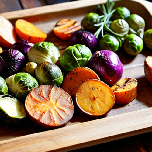 Home 6 **
A vibrant close-up shot of oven-roasted vegetables including sweet potatoes, red onion, and Brussels sprouts, arranged artfully on a rustic wooden board. The vegetables are slightly browned and glistening with olive oil, sprinkled with fresh herbs like thyme and rosemary. The focus is on the textures and colors of the vegetables, creating a warm and inviting culinary scene.
**