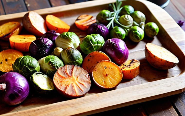 **

A vibrant close-up shot of oven-roasted vegetables including sweet potatoes, red onion, and Brussels sprouts, arranged artfully on a rustic wooden board. The vegetables are slightly browned and glistening with olive oil, sprinkled with fresh herbs like thyme and rosemary. The focus is on the textures and colors of the vegetables, creating a warm and inviting culinary scene.

**