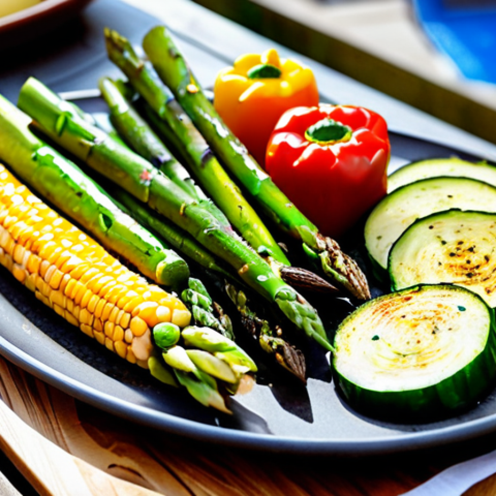 A stunning close-up of a vibrant assortment of perfectly grilled vegetables, including tender asparagus spears, colorful bell pepper slices, smoky zucchini rounds, and golden corn on the cob, artfully arranged on a rustic wooden board. Each vegetable showcases beautiful char marks and a delicate sheen from olive oil and fresh herbs like parsley and mint. The setting is an inviting outdoor patio table during a warm evening, with soft, natural lighting. High-resolution, professional food photography, inviting, appetizing, rich colors, sharp focus, shallow depth of field, perfect anatomy, correct proportions, natural pose, well-formed hands (if any human elements are present), proper finger count (if any human elements are present), natural body proportions (if any human elements are present), safe for work, appropriate content, fully clothed, family-friendly.