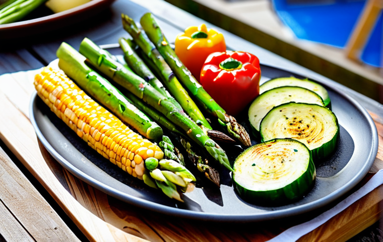 A stunning close-up of a vibrant assortment of perfectly grilled vegetables, including tender asparagus spears, colorful bell pepper slices, smoky zucchini rounds, and golden corn on the cob, artfully arranged on a rustic wooden board. Each vegetable showcases beautiful char marks and a delicate sheen from olive oil and fresh herbs like parsley and mint. The setting is an inviting outdoor patio table during a warm evening, with soft, natural lighting. High-resolution, professional food photography, inviting, appetizing, rich colors, sharp focus, shallow depth of field, perfect anatomy, correct proportions, natural pose, well-formed hands (if any human elements are present), proper finger count (if any human elements are present), natural body proportions (if any human elements are present), safe for work, appropriate content, fully clothed, family-friendly.