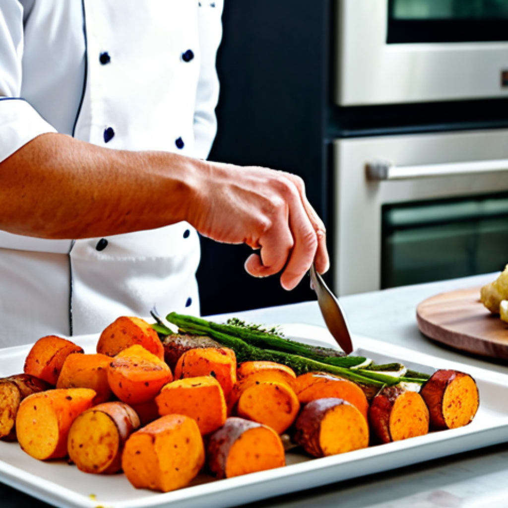 **
A chef preparing roasted vegetables in a bright, modern kitchen. The vegetables (carrots, cauliflower, sweet potatoes) are arranged on a baking sheet, drizzled with chili oil and spices. Focus on the vibrant colors and textures. The chef is wearing a clean, professional chef's coat and apron, fully clothed. safe for work, appropriate content, modest, professional photography, perfect anatomy, natural proportions, well-formed hands, proper finger count. family-friendly
**
