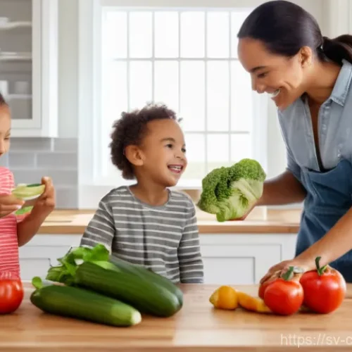 로스팅 채소와 함께하는 해산물 요리 - A joyful and wholesome family scene in a bright, modern kitchen. A multi-generational family, includ...