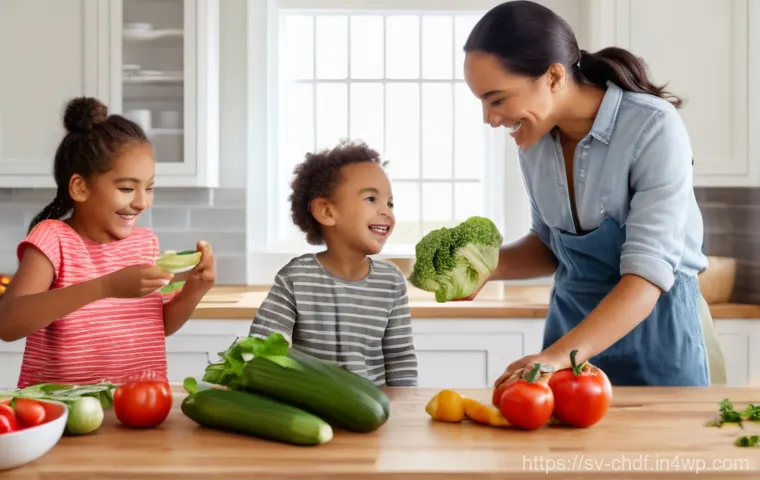로스팅 채소와 함께하는 해산물 요리 - A joyful and wholesome family scene in a bright, modern kitchen. A multi-generational family, includ...