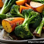 로스팅 채소로 만든 고급 레스토랑 스타일 요리 - **Prompt:** A close-up, high-resolution food photography shot of a rustic baking sheet overflowing w...