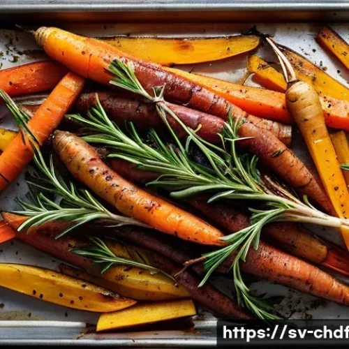 로스팅 채소로 만드는 크림 수프 - **Prompt:** A close-up, high-angle shot capturing a large baking sheet filled with an assortment of ...