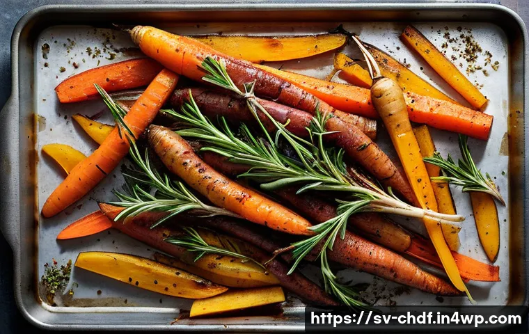 로스팅 채소로 만드는 크림 수프 - **Prompt:** A close-up, high-angle shot capturing a large baking sheet filled with an assortment of ...