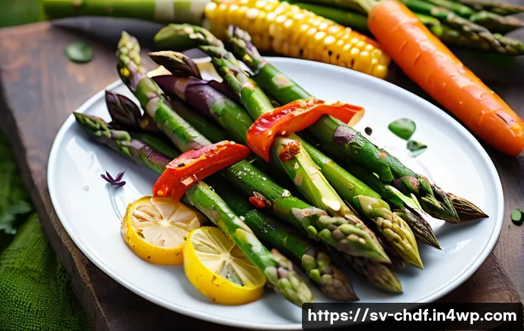 로스팅 채소와 함께하는 여름철 바비큐 메뉴 - A vibrant outdoor grill scene featuring a rustic wooden table with a large platter of perfectly roas...