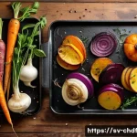 Home 20 로스팅 채소와 함께 즐기는 건강한 저녁 - A beautifully styled close-up of a rustic oven tray filled with an assortment of roasted root vegeta...