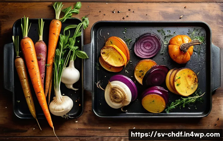 로스팅 채소와 함께 즐기는 건강한 저녁 - A beautifully styled close-up of a rustic oven tray filled with an assortment of roasted root vegeta...