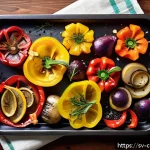 Home 19 로스팅 채소로 만든 빠르고 간편한 요리 - A vibrant overhead shot of a rustic baking tray filled with a colorful assortment of roasted vegetab...