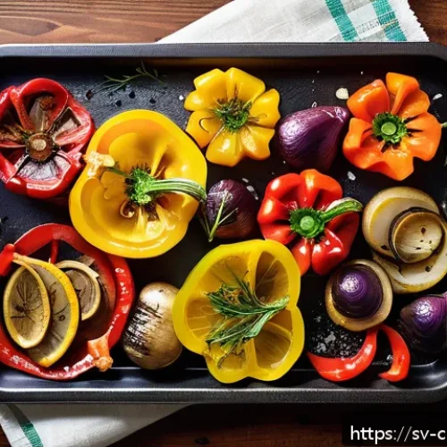 Home 31 로스팅 채소로 만든 빠르고 간편한 요리 - A vibrant overhead shot of a rustic baking tray filled with a colorful assortment of roasted vegetab...