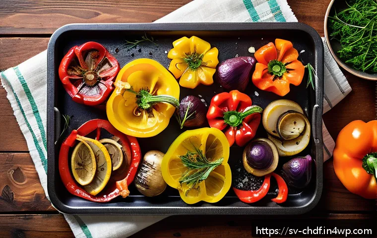 로스팅 채소로 만든 빠르고 간편한 요리 - A vibrant overhead shot of a rustic baking tray filled with a colorful assortment of roasted vegetab...