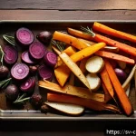 Home 18 로스팅 채소를 넣은 브레드 푸딩 - A rustic autumn kitchen scene featuring a heavy metal baking tray filled with an assortment of evenl...