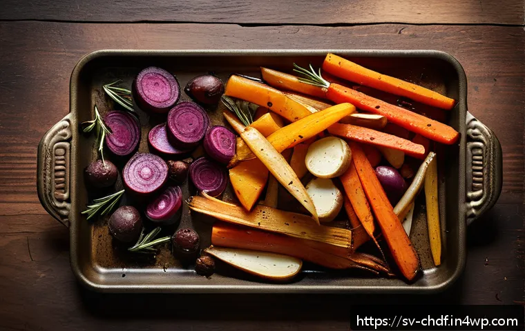 로스팅 채소를 넣은 브레드 푸딩 - A rustic autumn kitchen scene featuring a heavy metal baking tray filled with an assortment of evenl...