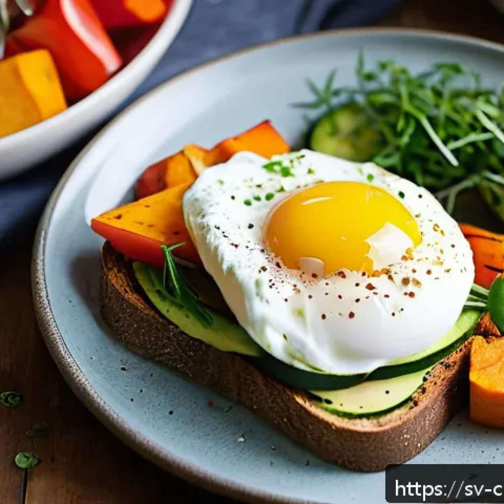 로스팅 채소와 함께하는 가벼운 아침 식사 - A vibrant Scandinavian breakfast scene featuring a rustic wooden table set with a colorful plate of ...