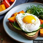 Home 23 로스팅 채소와 함께하는 가벼운 아침 식사 - A vibrant Scandinavian breakfast scene featuring a rustic wooden table set with a colorful plate of ...