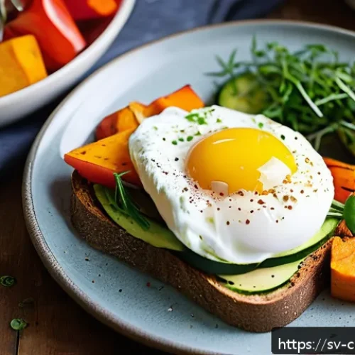 Home 17 로스팅 채소와 함께하는 가벼운 아침 식사 - A vibrant Scandinavian breakfast scene featuring a rustic wooden table set with a colorful plate of ...