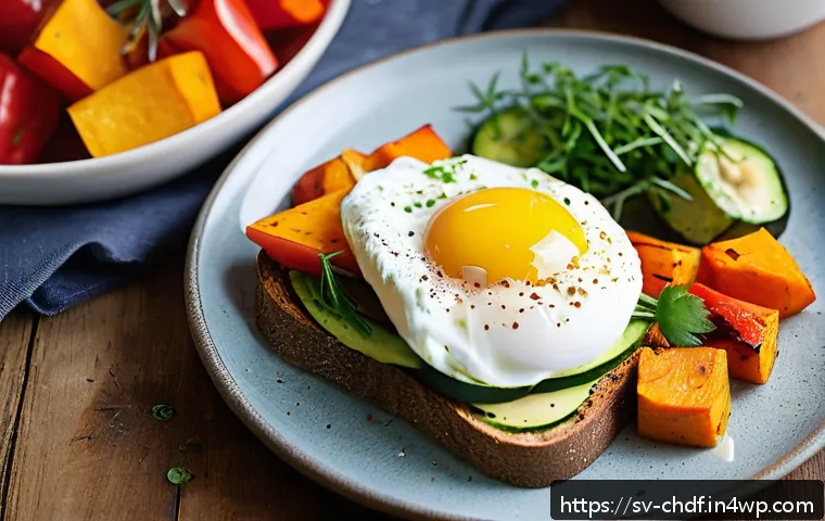로스팅 채소와 함께하는 가벼운 아침 식사 - A vibrant Scandinavian breakfast scene featuring a rustic wooden table set with a colorful plate of ...