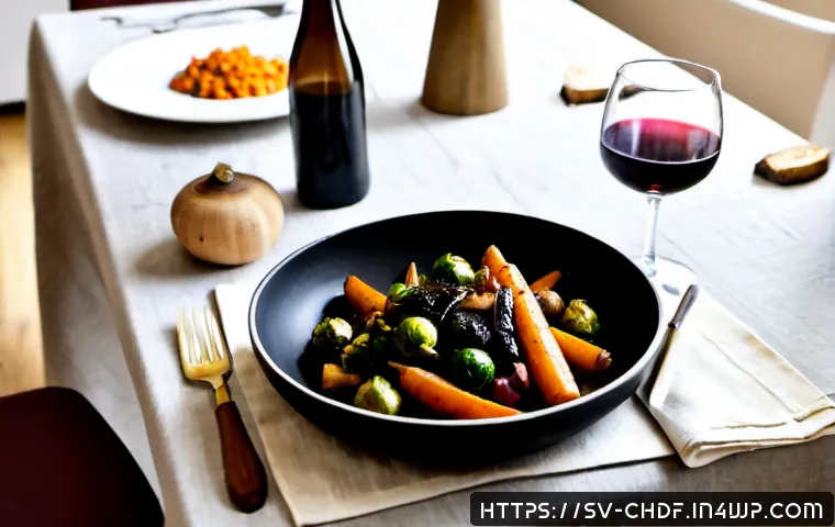 Home 17 로스팅 채소와 함께 즐기는 와인 페어링 - Photorealistic Nordic autumn dinner table featuring a rustic tray of caramelized roasted root vegeta...