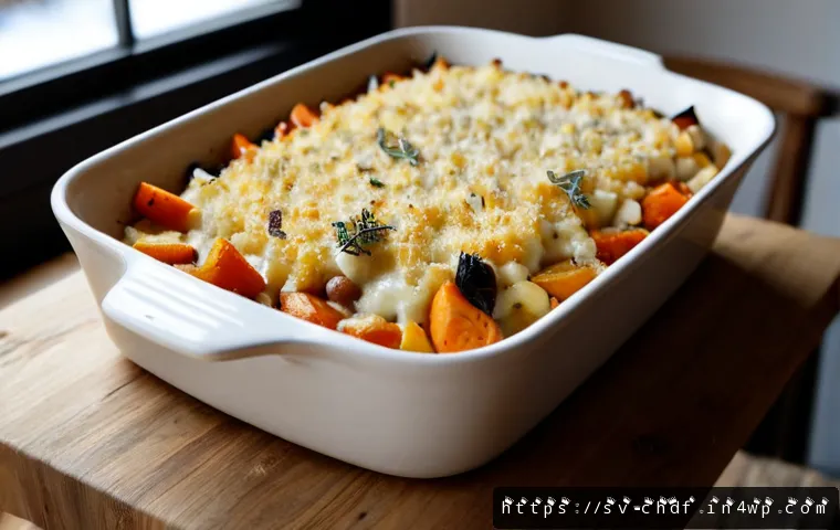 Home 13 로스팅 채소를 넣은 마카로니 그라탱 - Photorealistic close-up of a bubbling macaroni gratin with roasted root vegetables, golden cheese cr...