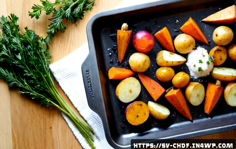 Home 15 로스팅 채소의 맛을 살리는 조리 비법 - Photorealistic overhead view of a Nordic home kitchen baking tray filled with evenly spaced roasted ...
