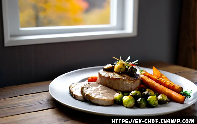 Home 15 로스팅 채소를 활용한 고기 반찬 아이디어 - Photorealistic Swedish-style dinner plate with herb-roasted pork tenderloin medallions beside carame...